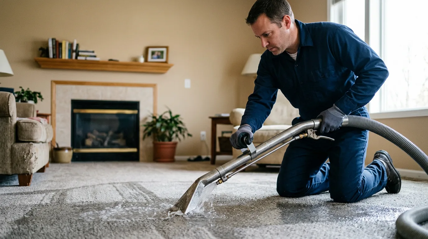 Water damage restoration technician working near Joy, IL